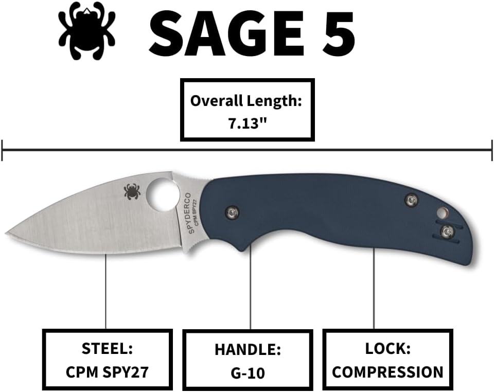 Spyderco Sage 5 Folding Pocket Knife with 3 Inch CPM SPY27 Steel Blade and Cobalt Blue G-10 Handle - PlainEdge - C123GPCBL