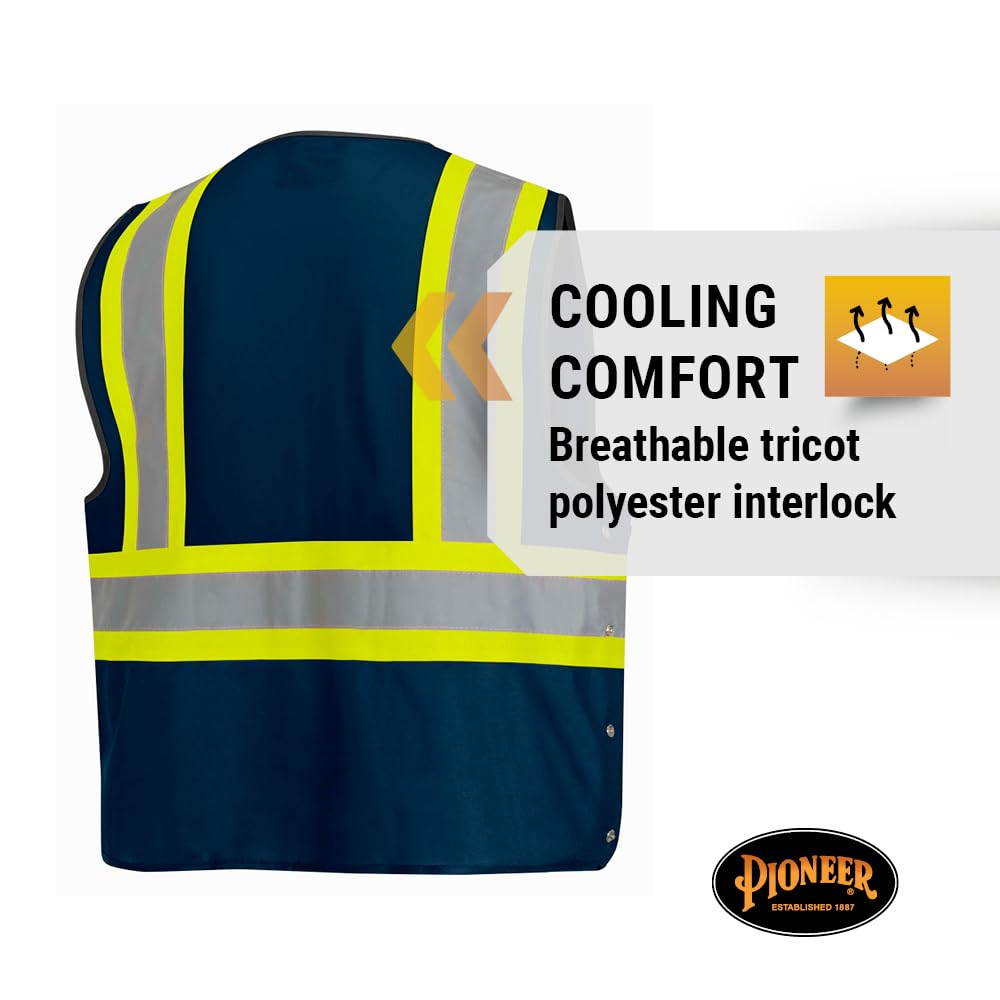Pioneer Hi-Vis Reflective Safety Vest, Solid Neon, 8 Pockets, Zipper, Adjustable