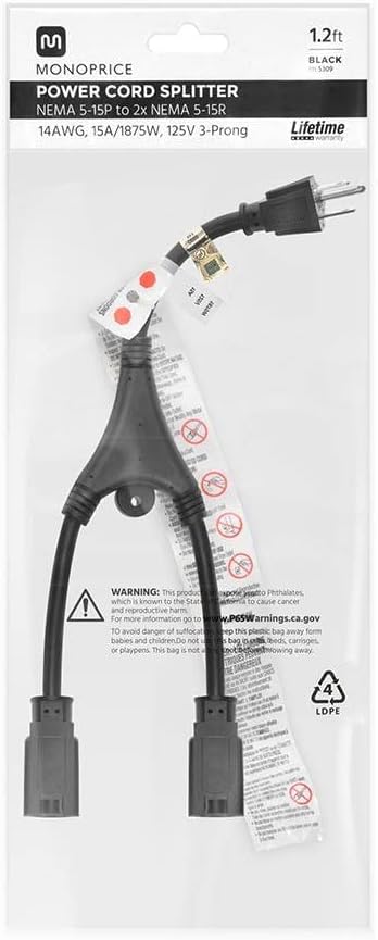 MONOPRICE Power Cord Splitter (NEMA 5-15P to 2x NEMA 5-15R)