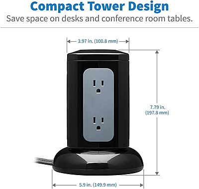 Tripp Lite TLP606UCTOWER Surge Protector Tower with USB Ports, 1800 Joules, 6-Outlets, 3 USB-A + 1 USB-C, 8ft Cord, Desk Accessory Charging Tower, Dorm Essentials, Tower Power Strip with Surge