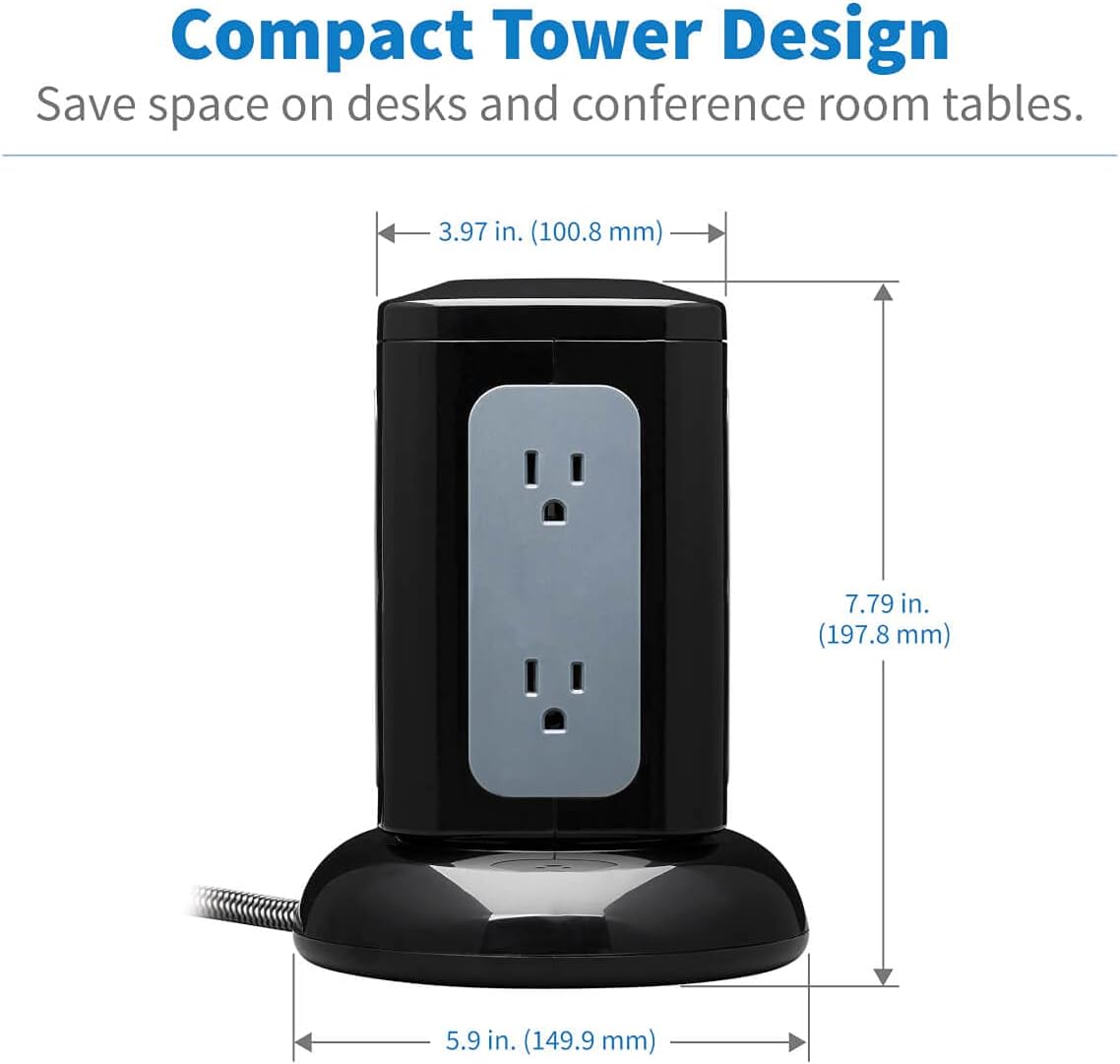 Tripp Lite TLP606UCTOWER Surge Protector Tower with USB Ports, 1800 Joules, 6-Outlets, 3 USB-A + 1 USB-C, 8ft Cord