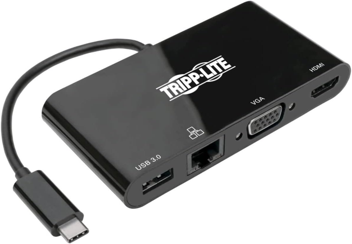Tripp Lite USB-C Hub with 4K HDMI, 1080P VGA, Gigabit Ethernet, USB-A 3.0, Thunderbolt 3, DisplayPort Alt Mode, 5 Gbps, Black (U444-06N-HV4GUB)