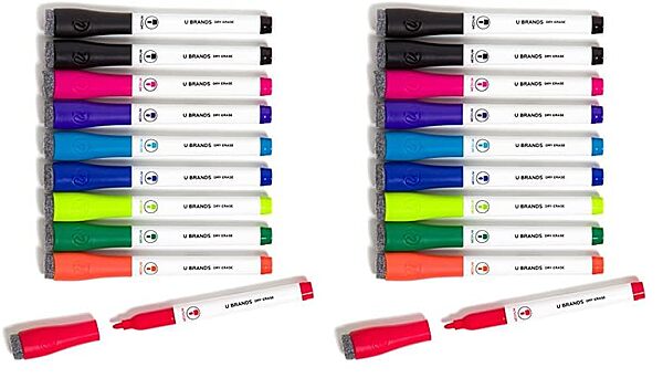 U Brands Low-Odor Dry-Erase Markers with Erasers, Medium (2mm) Point, Assorted Colors, Pack of 10
