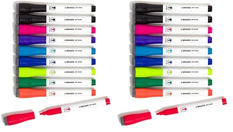 U Brands Low-Odor Dry-Erase Markers with Erasers, Medium (2mm) Point, Assorted Colors, Pack of 10