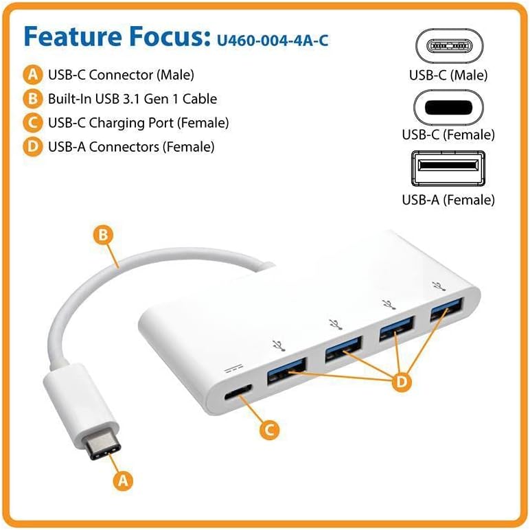 Tripp Lite 4-Port USB 3.1 Gen 1 USB-C to USB-A Portable Hub with x4 USB-A & USB-C Charging Port 5 Gbps (U460-004-4A-C)