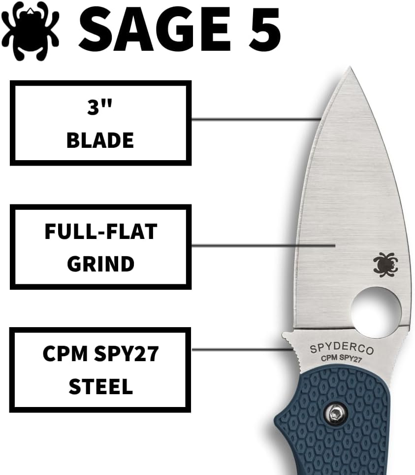 Spyderco Sage 5 Lightweight Folding Pocket Knife with 3 Inch CPM SPY27 Steel Blade and Cobalt Blue FRN Handle - PlainEdge