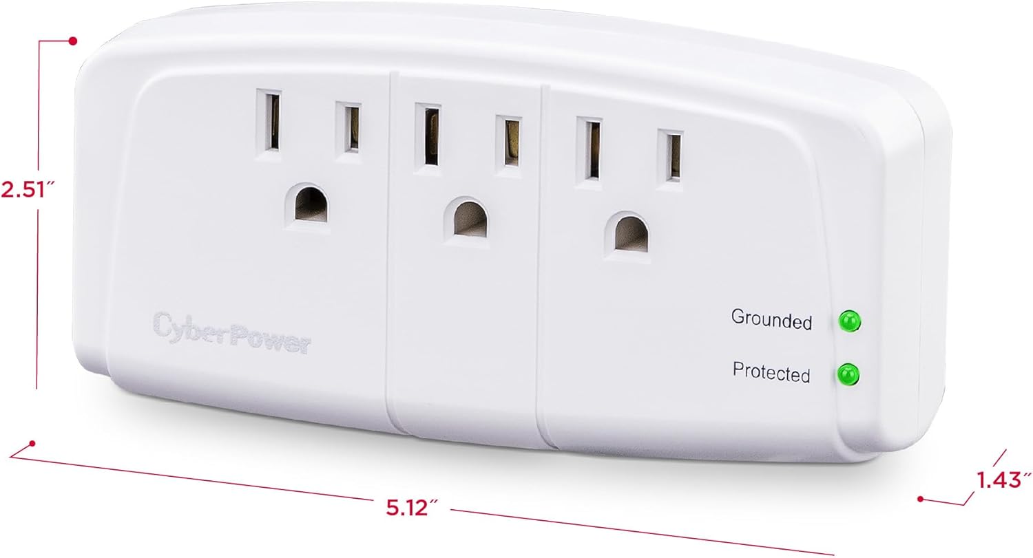 CyberPower CSB300W Essential 3 - Outlet Surge with 900 J - Clamping Voltage 800V, NEMA 5-15P, Wall Tap, EMI/RFI Filtration