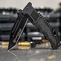 SMITH & WESSON Border Guard 10in High Carbon S.S. Folding Knife with 4.4in Tanto Blade and Aluminum - Survival and EDC