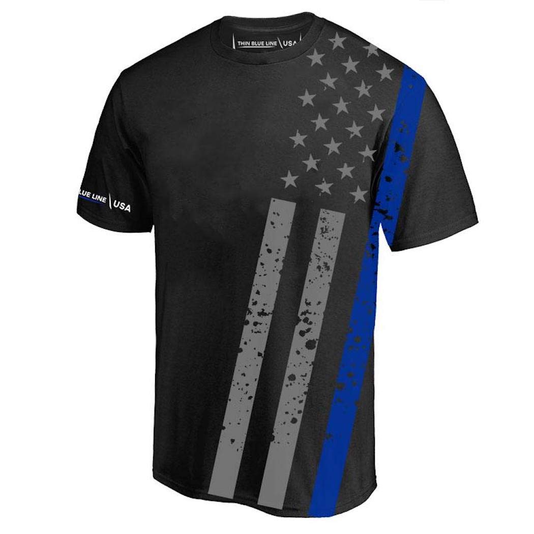 THIN BLUE LINE USA Women's Slim Athletic V-Neck T-Shirt with Distressed Thin Blue Line Flag