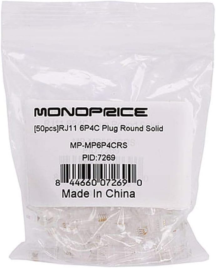 Monoprice 6P4C RJ11 Modular Plugs - For Round Solid/Stranded Cable, 3 Prongs, 50 Pack, Clear