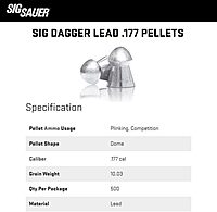 SIG SAUER Dagger Lead .177 Pellets for ASP CO2 Airguns, Pellet-Firing Air Pistols, Break Barrel & PCP Air Rifles | High-Performance Domed Air Ammunition for Plinking & Competition