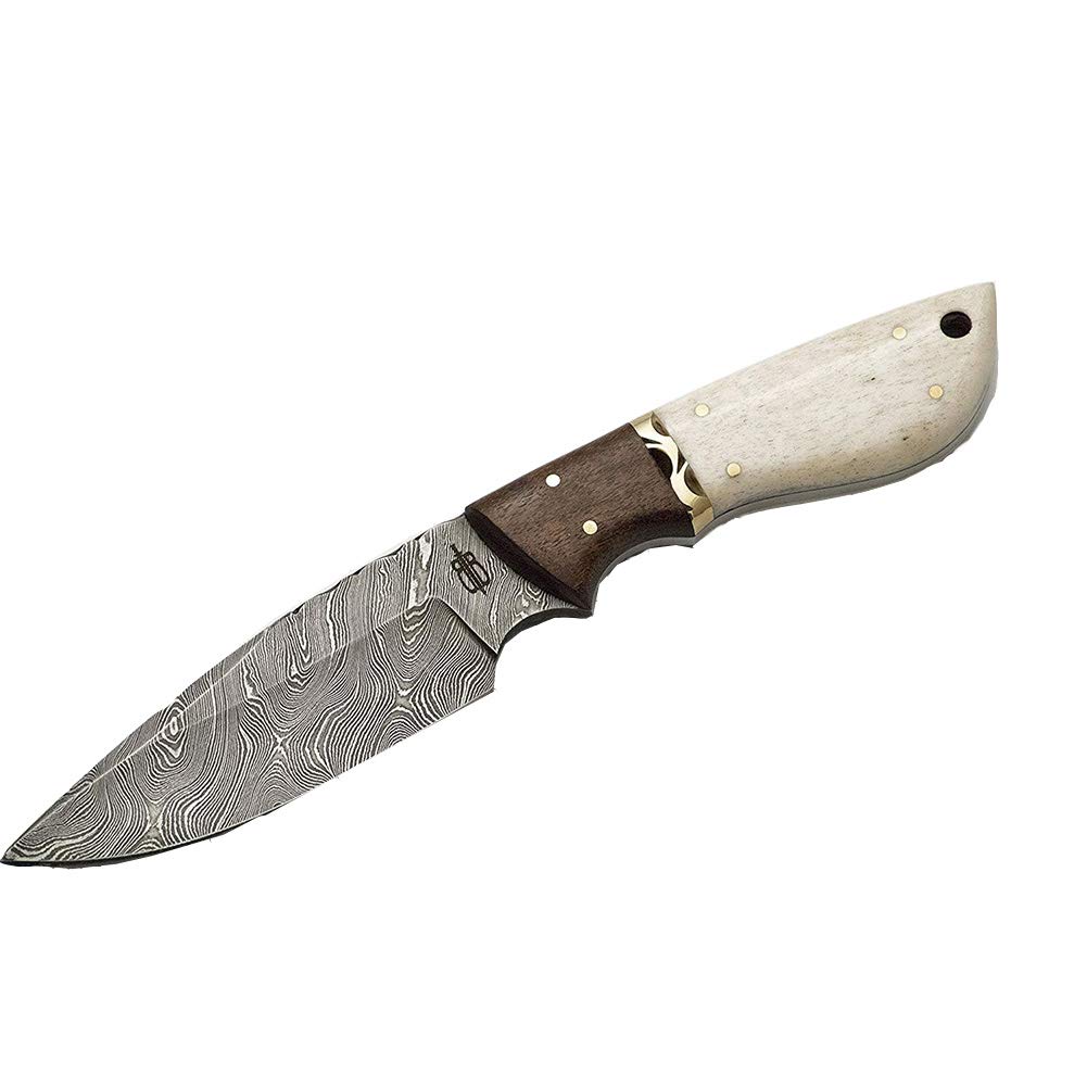 BucknBear Custom Handmade Fixed Blade Damascus Hunting Knife (Bone/Walnut Handle)