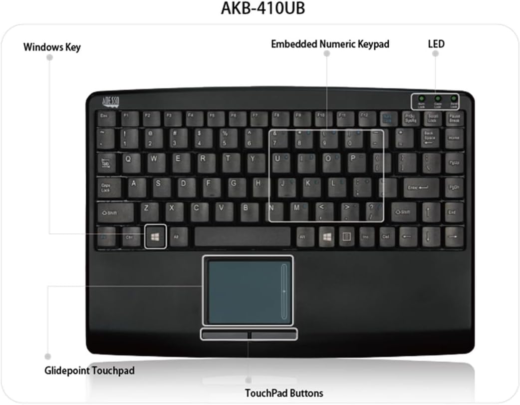 Adesso AKB-410UB SlimTouch Mini USB Keyboard With Built-In Touchpad, Black