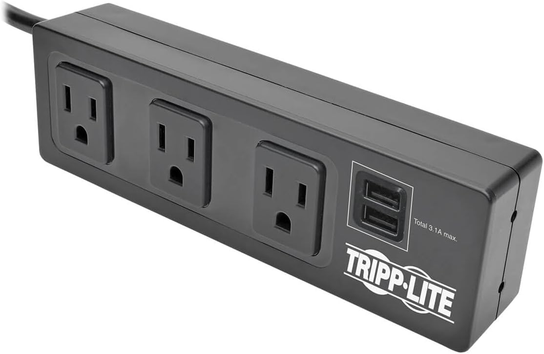 Tripp Lite 3 Outlet Surge Protector Power Strip with Mounting Brackets, 10ft Cord, 2 USB Charging Ports, & $20