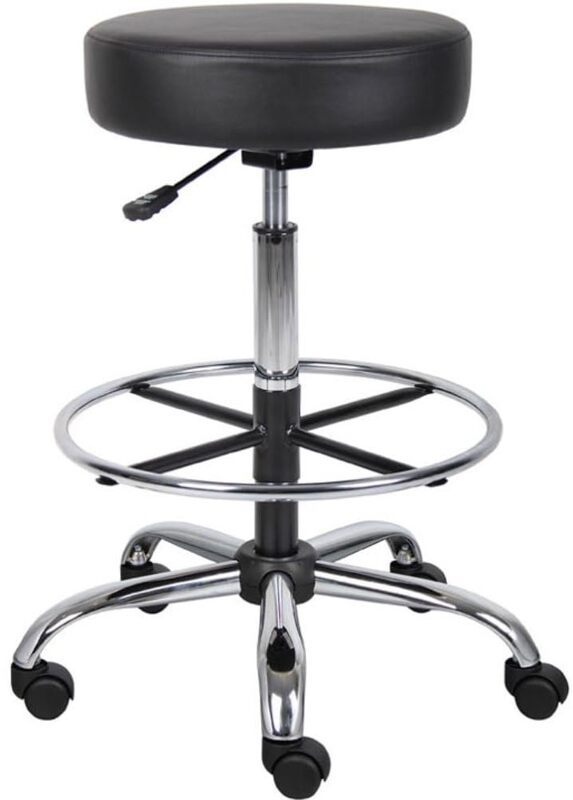 Boss Office Products Medical Stool With Foot Ring And Antimicrobial Vinyl, 34inH x 25inW X 25inD, Black/Chrome