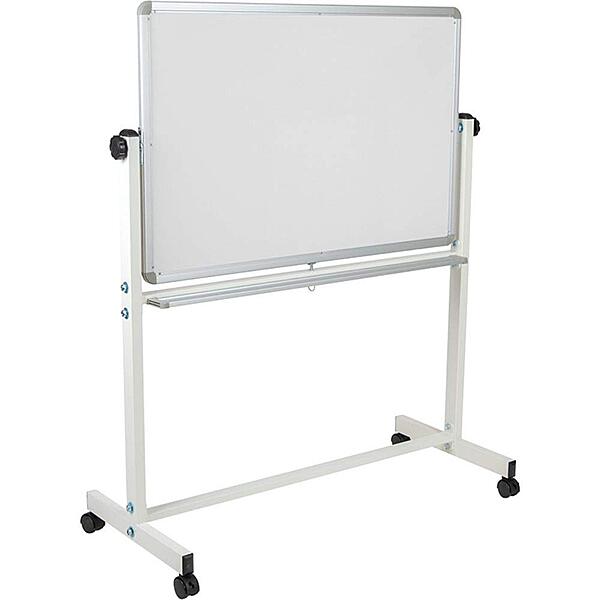 Flash Furniture HERCULES Series Double-Sided Mobile White Board With Pen Tray, 64-3/4inH x 64-1/4inW x 20inD, White, Gray Frame