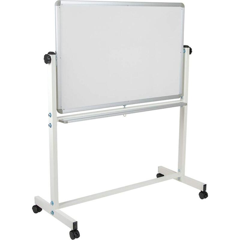 Flash Furniture HERCULES Series Double-Sided Mobile White Board With Pen Tray, 64-3/4inH x 64-1/4inW x 20inD, White, Gray Frame