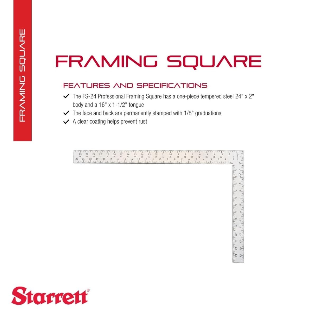 Starrett Professional Framing Square with Clear Coating and Tempered Steel - 1/8" Graduation Stamping, 24" x 2" Body