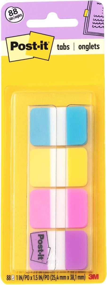 Post-it Tabs, 1 in. x 1.5 in., 1 Pack, 88 Tabs/Pack, Assorted Colors, Back to School Supplies for Students