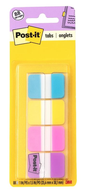 Post-it Tabs, 1 in. x 1.5 in., 1 Pack, 88 Tabs/Pack, Assorted Colors, Back to School Supplies for Students, Tabs for Textbooks and Notebooks