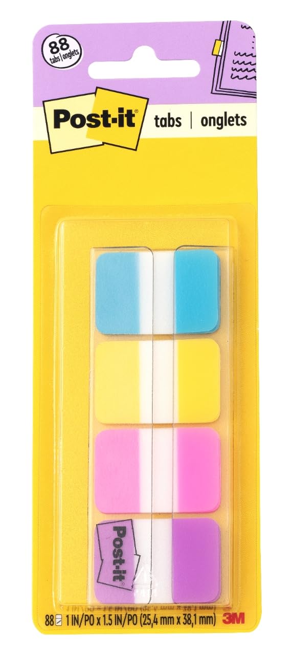Post-it Tabs, 1 in. x 1.5 in., 1 Pack, 88 Tabs/Pack, Assorted Colors, Back to School Supplies for Students