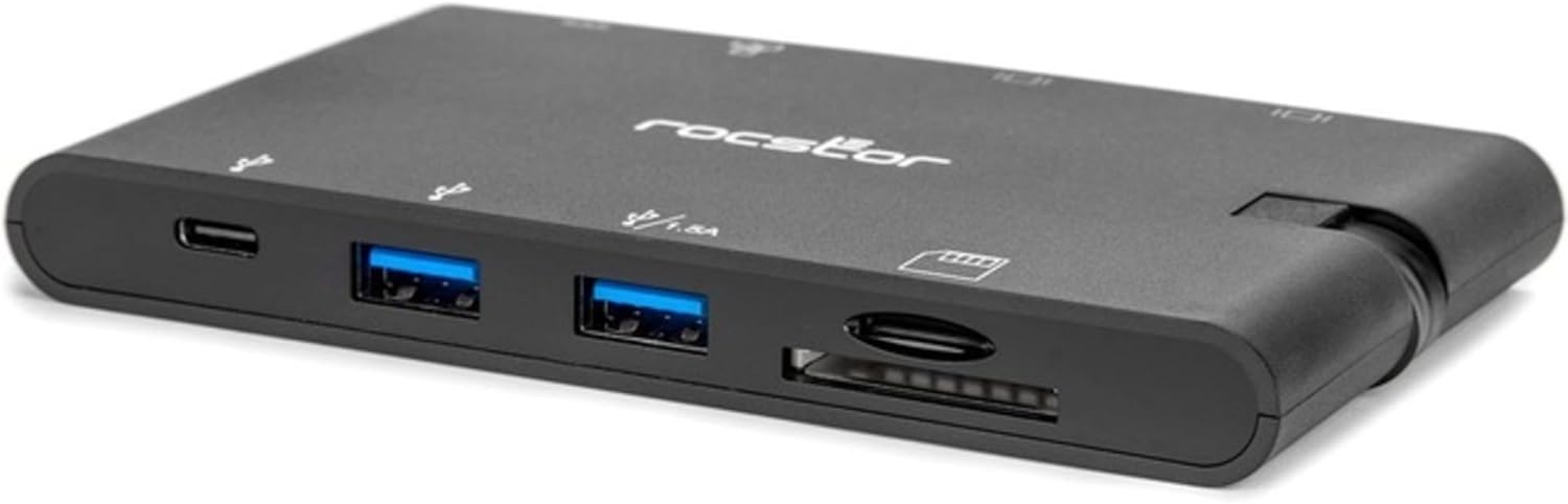 Rocstor Portable USB-C Multiport Adapter, 2x USB-C, USB-A, HDMI, VGA, RJ45, SD Card