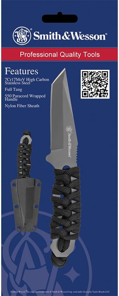 Smith & Wesson SW910TAM 5.9in High Carbon S.S. Full Tang Neck Knife with a 2.8in Tanto Blade and Paracord Handle for Outdoor
