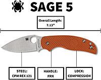 Spyderco Sage 5 Lightweight Folding Pocket Knife with 3 Inch CPM REX 121 Steel Blade and Burnt-Orange FRN Handle - PlainEdge - C123BORP