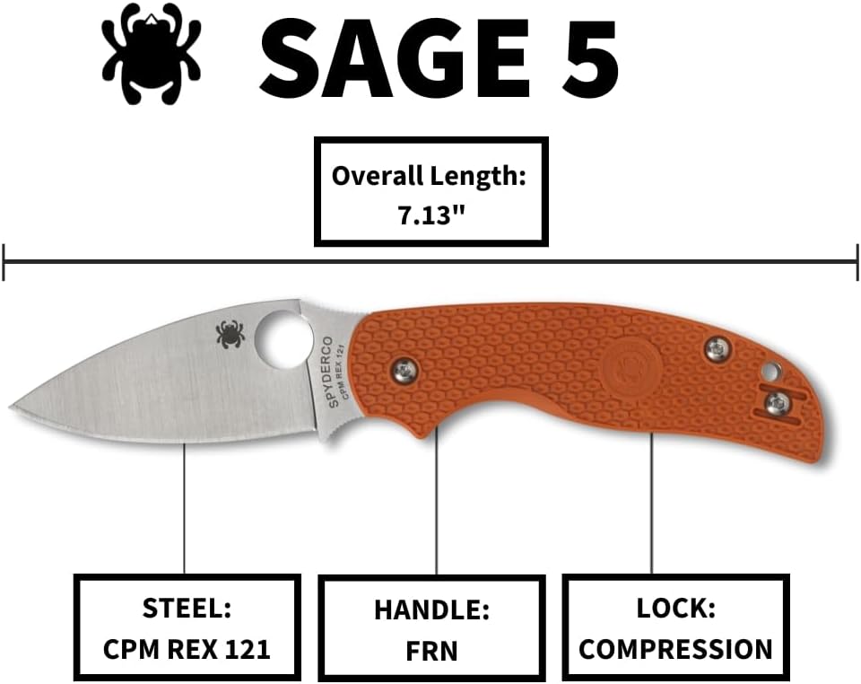 Spyderco Sage 5 Lightweight Folding Pocket Knife with 3 Inch CPM REX 121 Steel Blade and Burnt-Orange FRN Handle