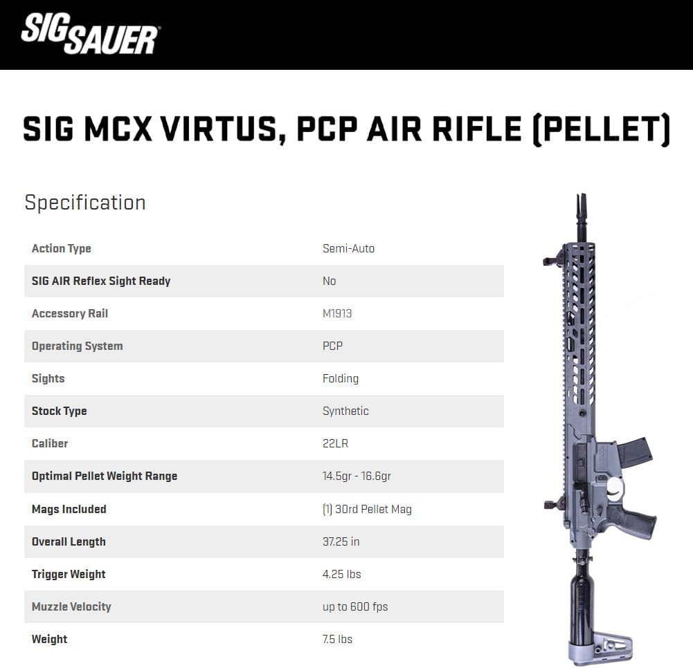 Sig Sauer MCX Virtus PCP Pellet Air Rifle | 30rd RPM .22LR Caliber Semi-Automatic Pre-Charged Pneumatic Rifle for Target