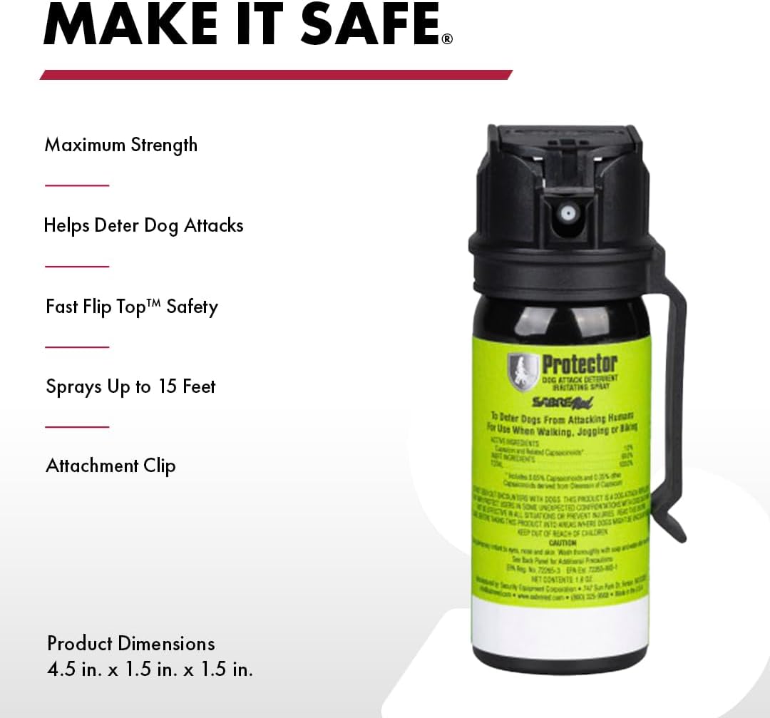 SABRE RED SABRE Protector Dog Pepper Spray & Belt Clip, Fast Flip Top Safety, 7 Bursts, 15-Foot (4.6-Meter) Range