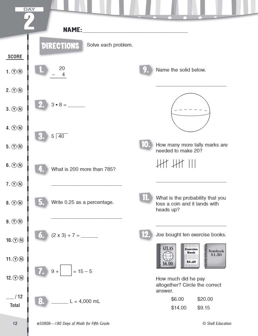 Shell Education 180 Days of Math for Fifth Grade (180 Days of Practice)