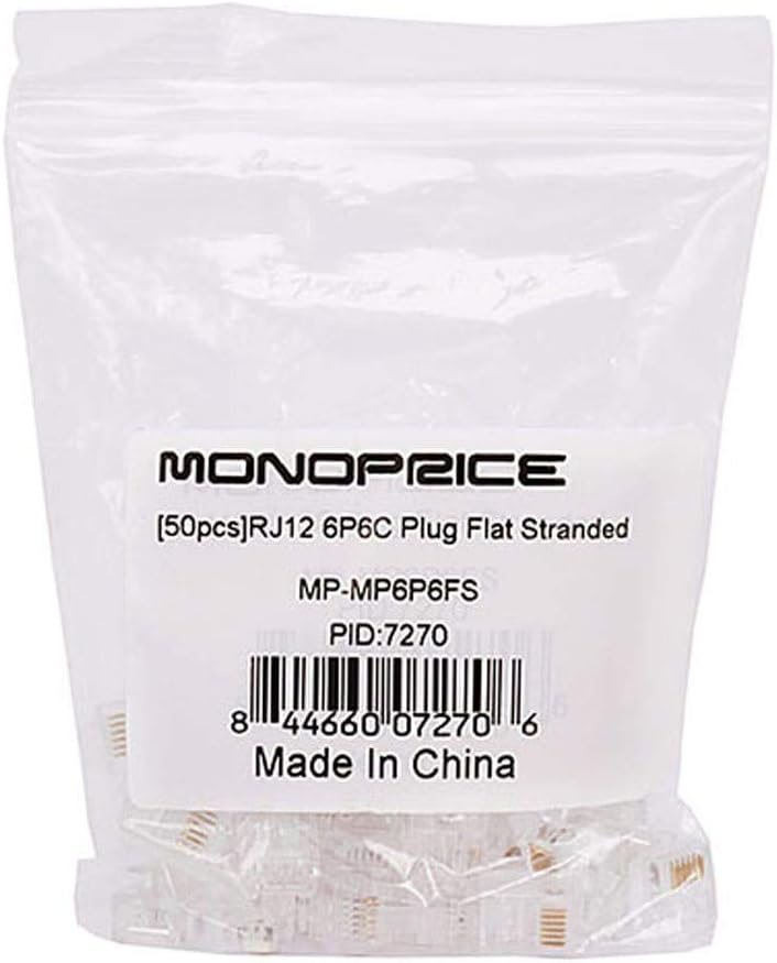 Monoprice 6P6C RJ12 Modular Plugs - For Flat Solid/Stranded Cable, 1u, 2 Prongs, 50 Pack, Clear