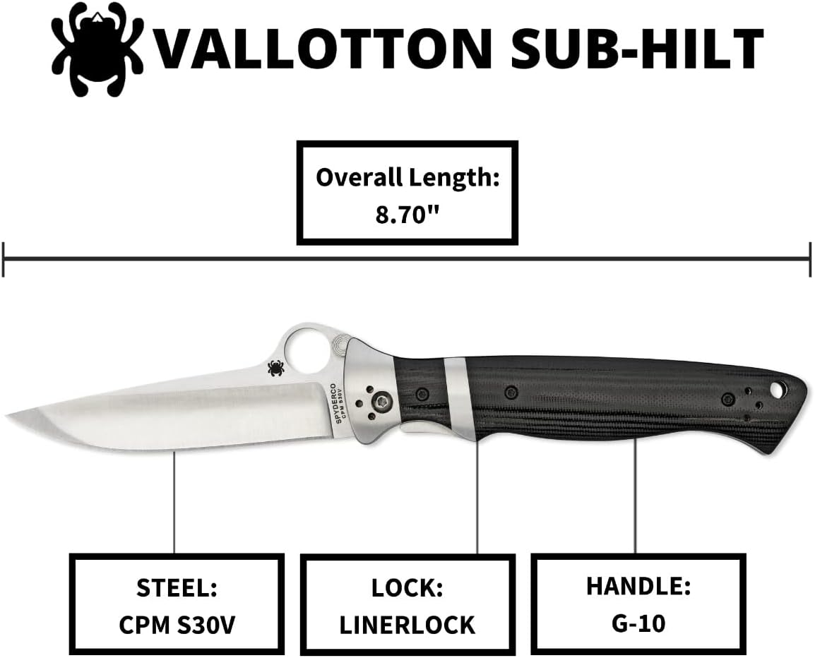 Spyderco Vallotton Sub-Hilt Specialty Knife with 3.70" CPM S30V Premium Stainless Steel Blade and Black Textured G-10 Handle