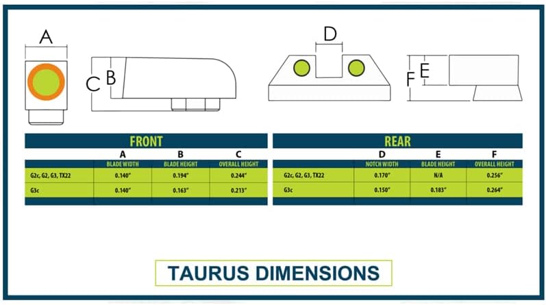 Night Fision Tritium Night Sight Set for Taurus G2C/G2/G3/TX22 - Perfect Dot Front Sight with Fluorescent Ring