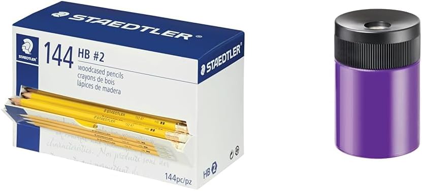 STAEDTLER Yellow School Pencils, Pre-Sharpened HB/#2, Wood Pencils with Eraser, 144ct & pencil sharpener
