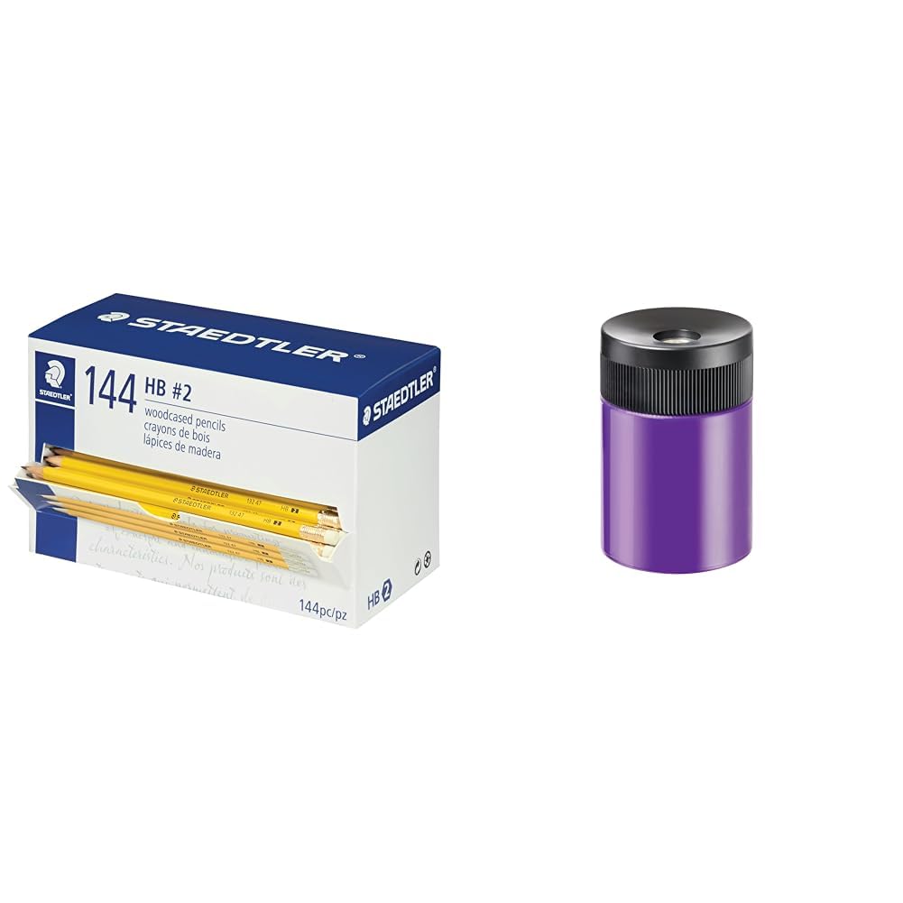 STAEDTLER Yellow School Pencils, Pre-Sharpened HB/#2, Wood Pencils with Eraser, 144ct & pencil sharpener