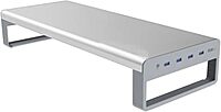 OTM Essentials Slim Aluminum Monitor Stand, Desk Riser with Non-Slip Padding and Tilted Surface, Versatile Home Office Essentials, Equipped with 4 USB Ports Desktop Monitor