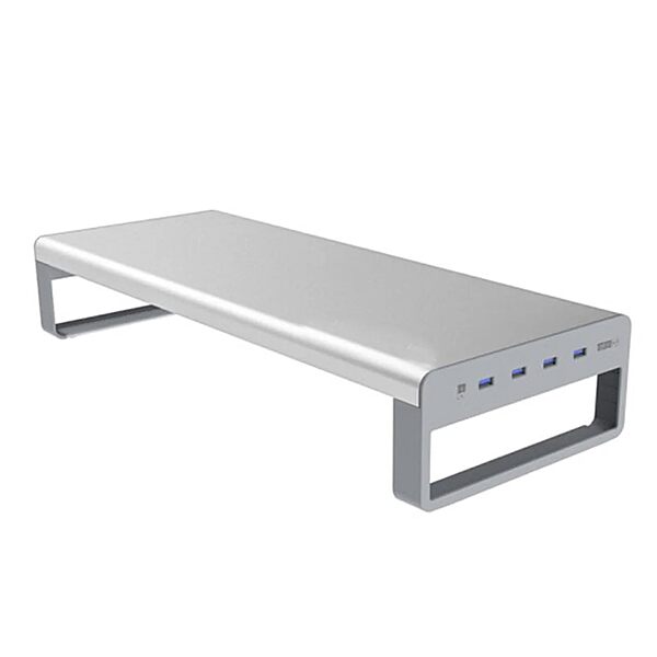 OTM Essentials Slim Aluminum Monitor Stand, Desk Riser with Non-Slip Padding and Tilted Surface, Versatile Home Office Essentials, Equipped with 4 USB Ports Desktop Monitor