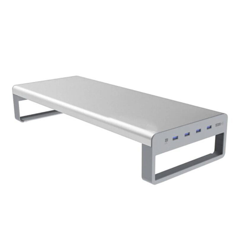 OTM Essentials Slim Aluminum Monitor Stand, Desk Riser with Non-Slip Padding and Tilted Surface, Versatile Home Office Essentials, Equipped with 4 USB Ports Desktop Monitor