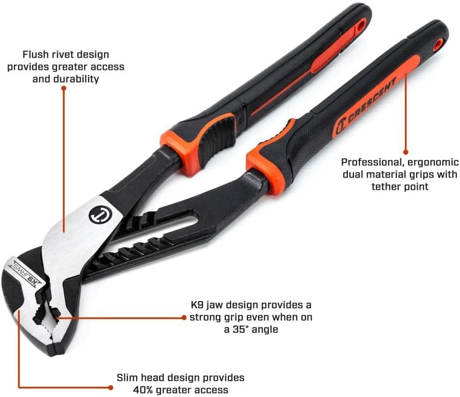 Crescent Z2 K9 V-Jaw Dual Material Tongue & Groove Plier Set - Adjustable Plier Set with 8 Jaw Positions