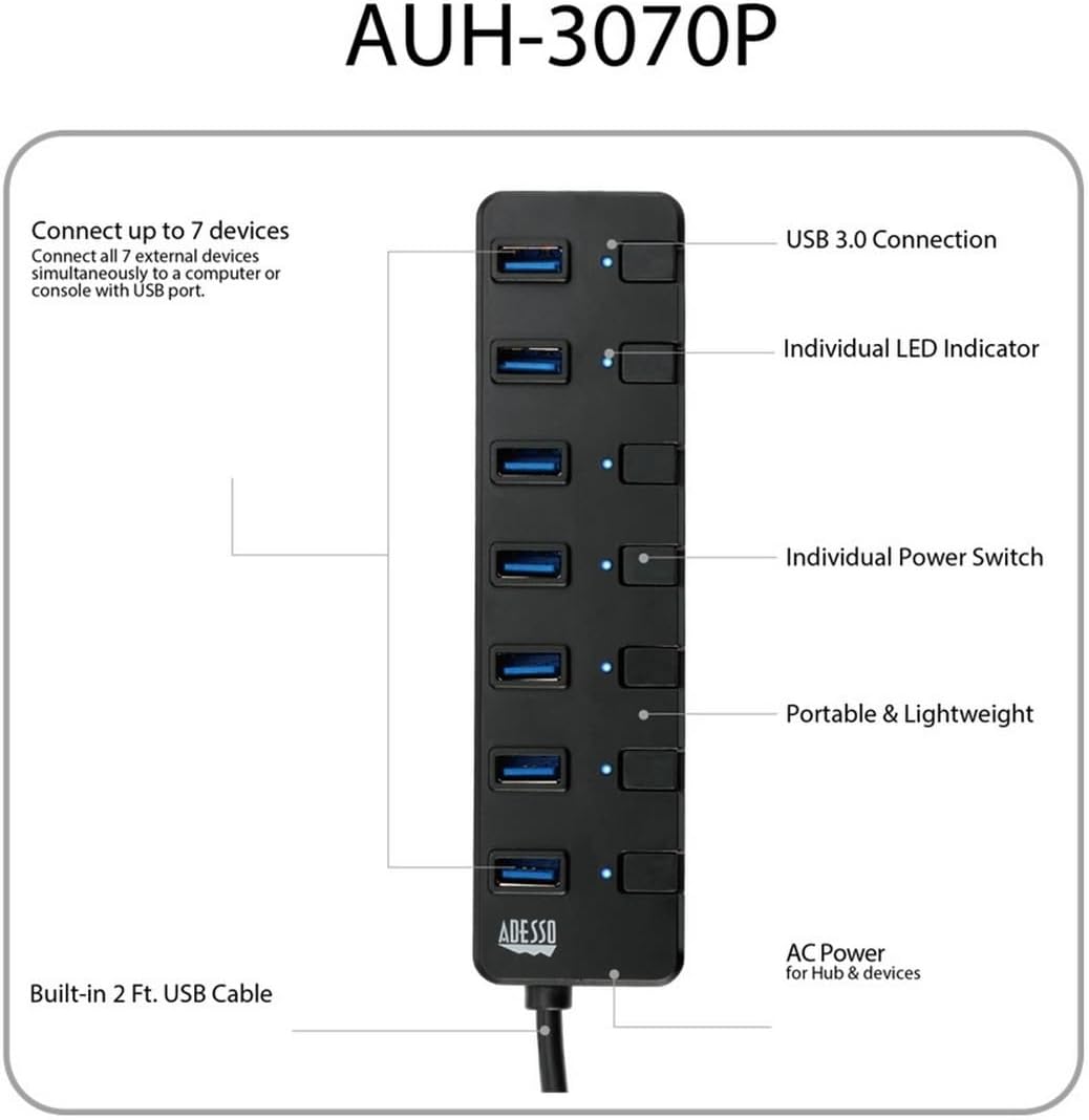 Adesso 7-Port USB 3.0 Hub with Individual Power Switch & Power Adapter