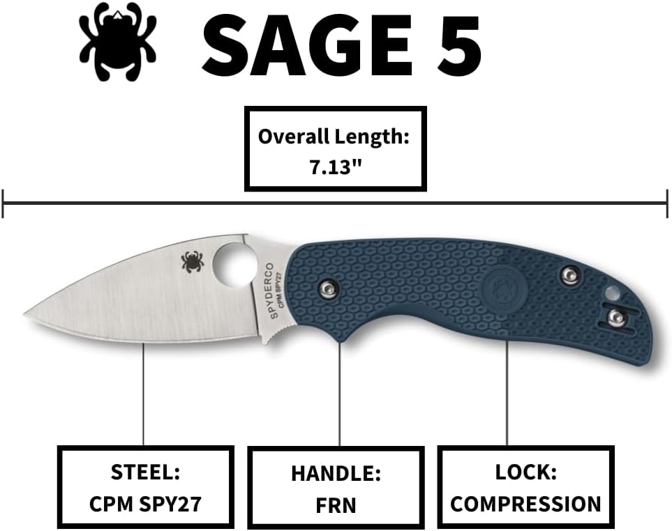 Spyderco Sage 5 Lightweight Folding Pocket Knife with 3 Inch CPM SPY27 Steel Blade and Cobalt Blue FRN Handle - PlainEdge
