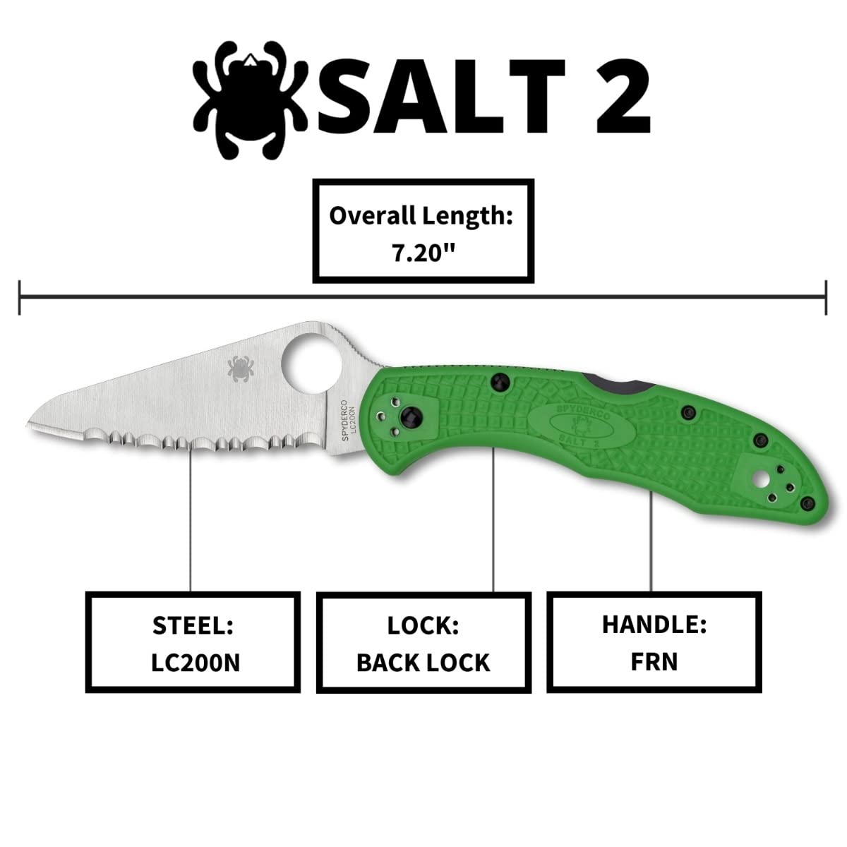 Spyderco Salt 2 Knife with LC200N Steel Blade and Lightweight FRN Green Handle - SpyderEdge - C88FSGR2