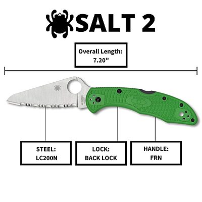 Spyderco Salt 2 Knife with LC200N Steel Blade and Lightweight FRN Green Handle - SpyderEdge - C88FSGR2