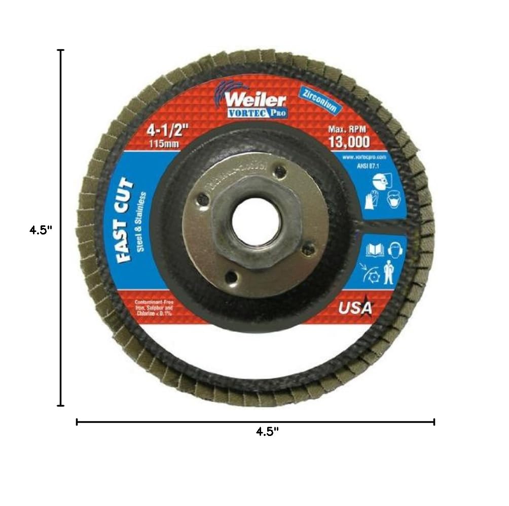 Weiler 804-31353 Vortec Pro Zirconia Alumina Type 29 Flap Disc, 120 Grit, 5/8-11 UNC, 13000 rpm, 4 1/2" (Pack of 10)