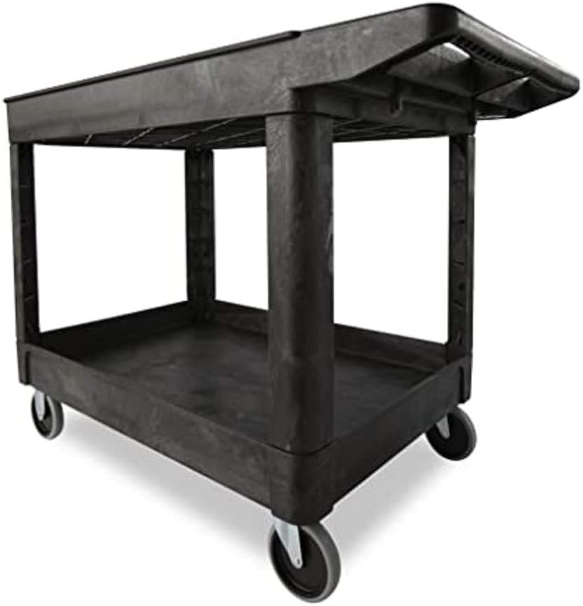 Rubbermaid Commercial Products 2-Shelf Utility/Service Cart, Medium, Black, Lipped Shelves, Ergonomic Handle