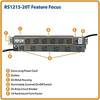 Tripp Lite 12-Outlet Rackmount PDU Power Strip, Six Front & Six Rear Facing Outlets, 20A, 120V, 15ft Cord with L5-20P Plug