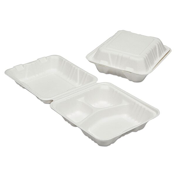 SKILCRAFT 3-Compartment Hinged Lid Tray - Microwave Safe - White - Wood Pulp Body - 200 / Carton - TAA Compliant