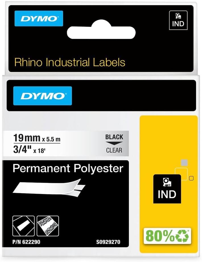 DYMO Permanent Polyester Industrial Label Tape, Clear with Black Print